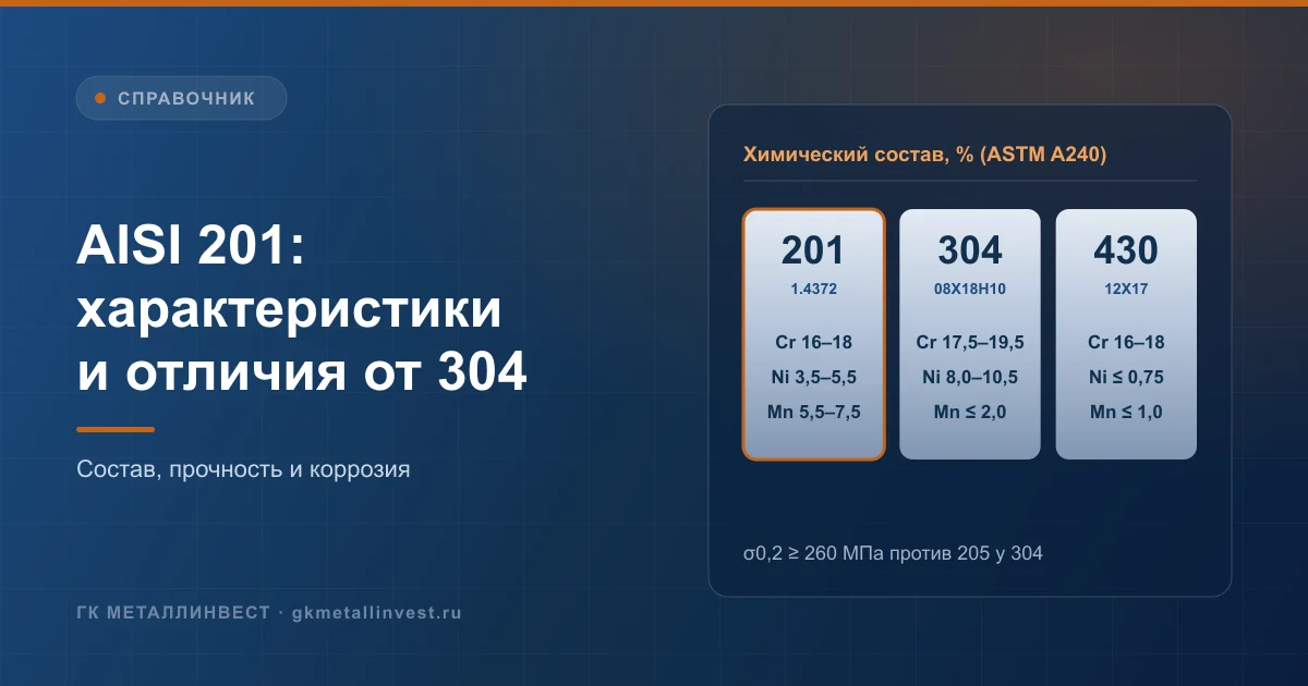 Характеристики стали AISI 201: состав, прочность и отличия от AISI 304 и 430