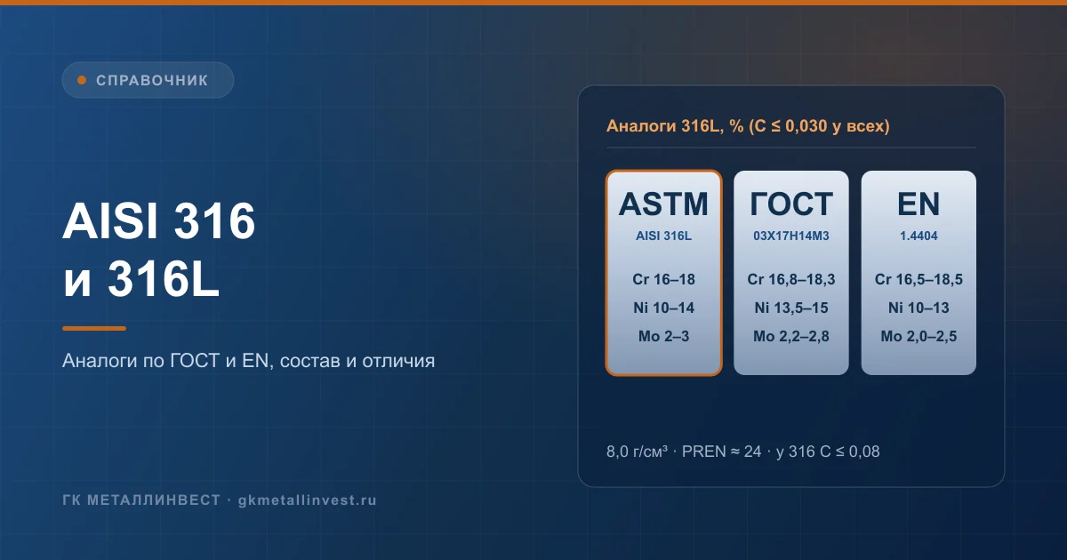AISI 316 и 316L: химический состав и аналоги по ГОСТ 5632-2014 и EN 10088