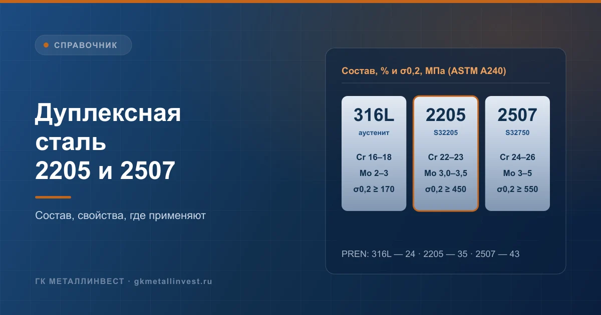 Дуплексная сталь 2205 и 2507: состав, PREN, прочность и применение