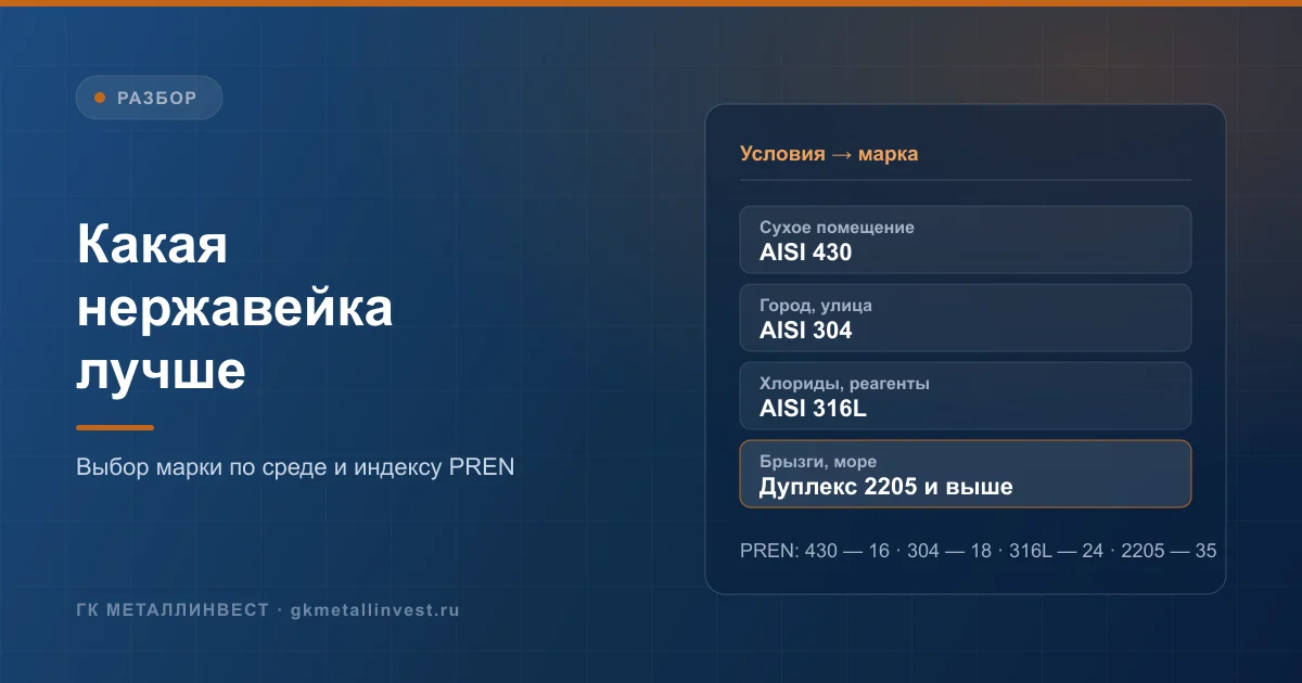 Какая нержавеющая сталь лучше: матрица выбора марок 430, 304, 316L, 321 и 2205 по среде и индексу PREN