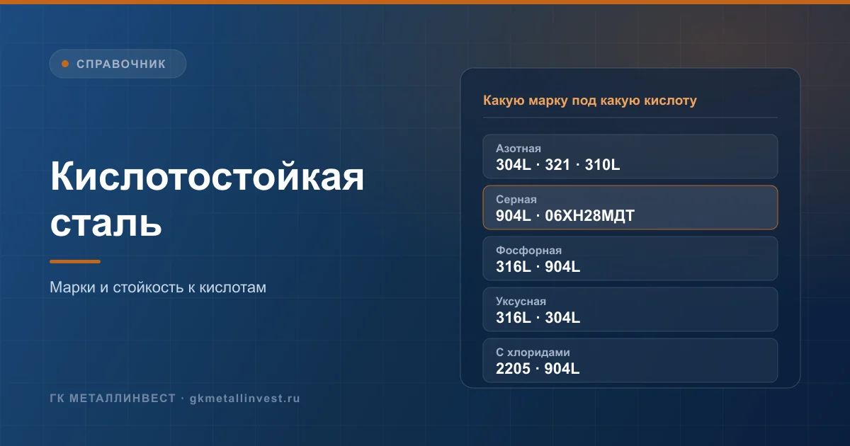Кислотостойкая сталь: марки 316L, 904L, 06ХН28МДТ, дуплекс 2205 и стойкость к серной, азотной, соляной кислотам