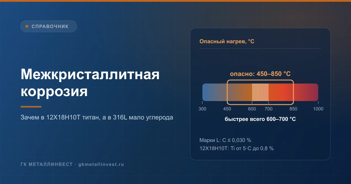 Межкристаллитная коррозия нержавеющей стали: карбиды хрома по границам зёрен