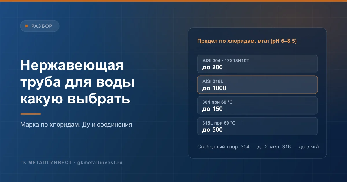 Нержавеющая труба для воды: марки 304 и 316L, пределы по хлоридам, размеры и соединения