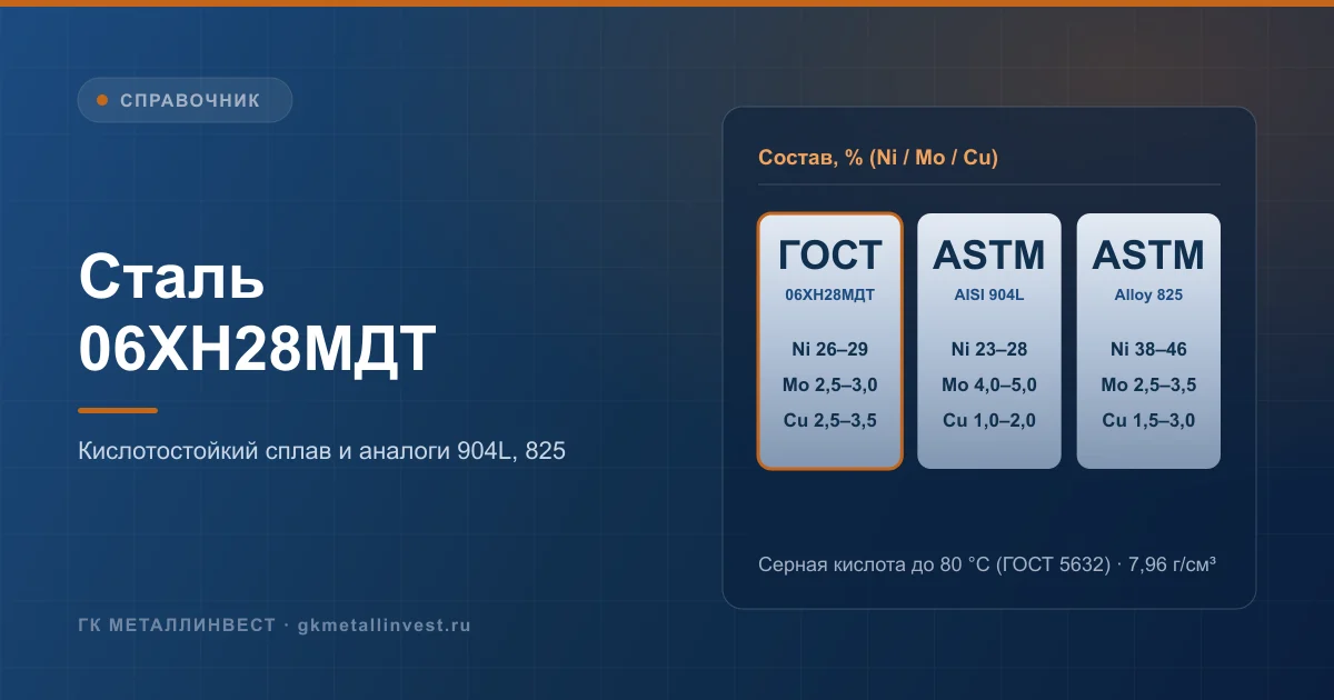 Сплав 06ХН28МДТ: химический состав по ГОСТ 5632-2014 и сравнение с AISI 904L и Alloy 825